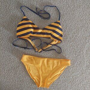 Aerie Women's Bikini Sz M Gold/Navy Stripe Top Tie Scoop & Bottom Hi-Cut EUC
